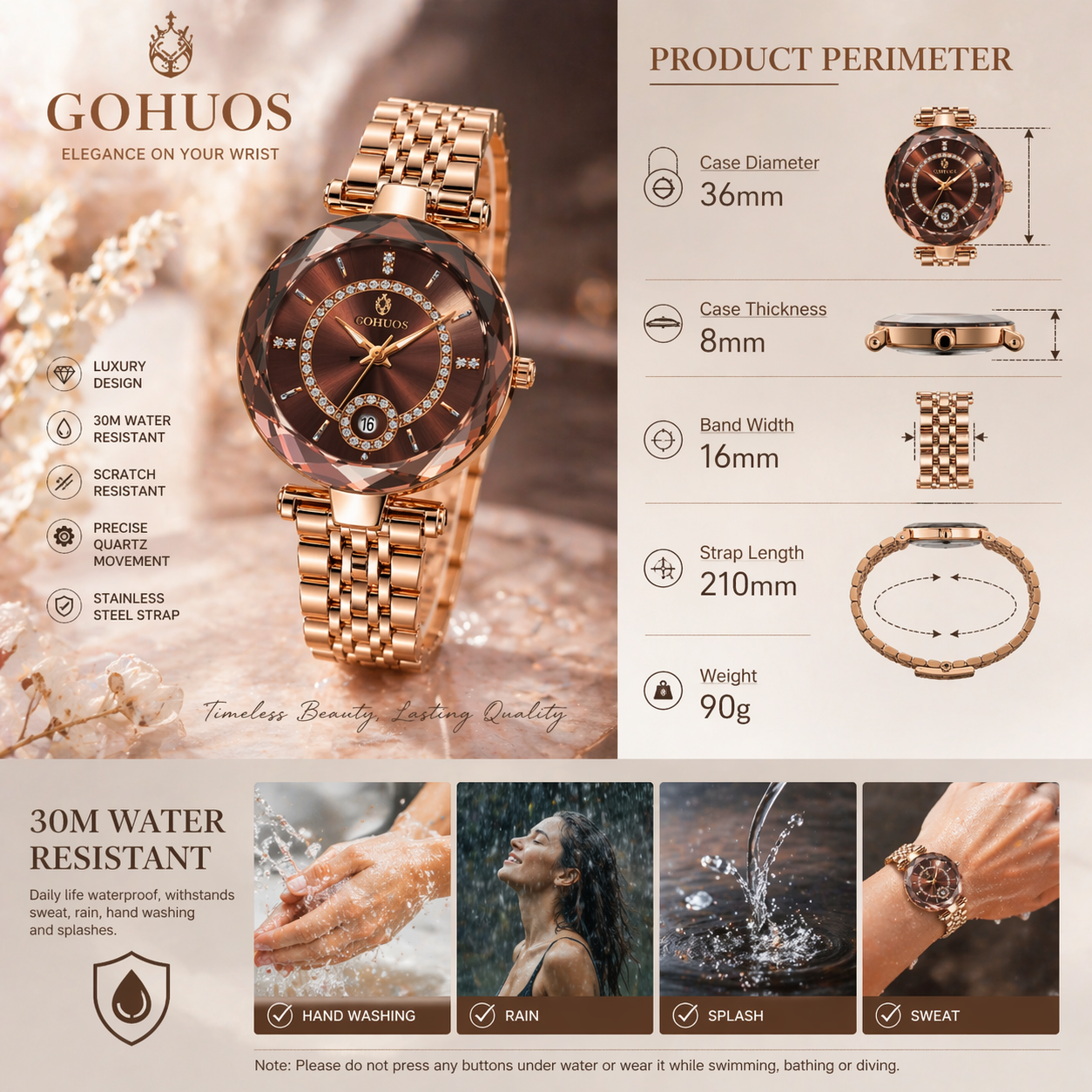 Gohuos Rose Gold Luxury Women’s Analog Quartz Watch