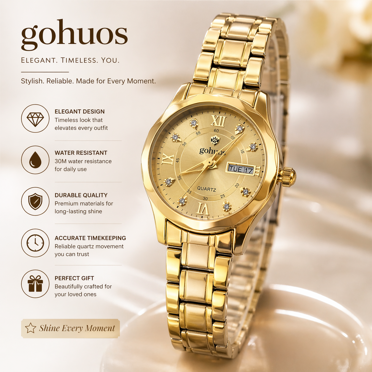 Gohuos Elegant Women’s Gold Analog Quartz Watch