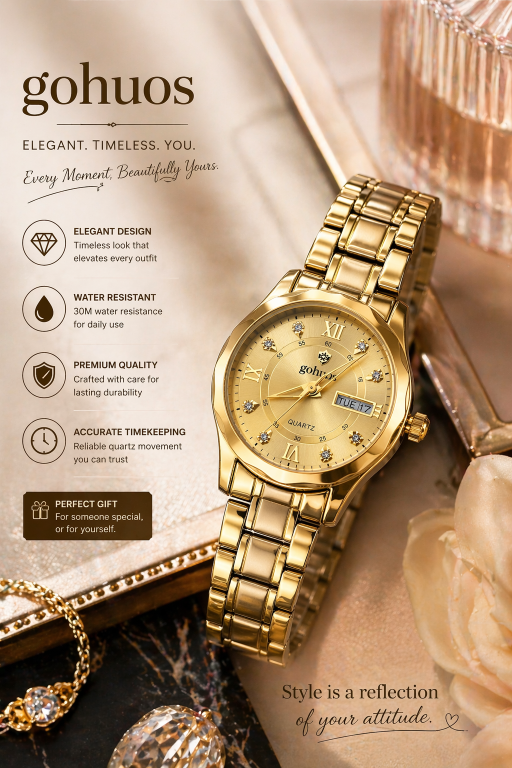 Gohuos Elegant Women’s Gold Analog Quartz Watch